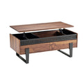 Moderne salontafel met opklapbaar blad en opbergvakken in hout en zwart metaal.