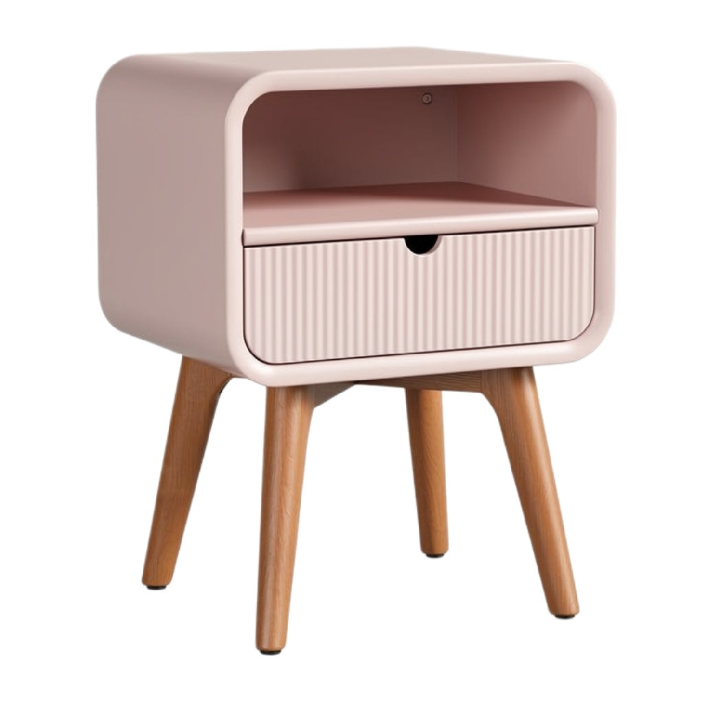 Moderne nachttafel met lade en houten poten, roze design.